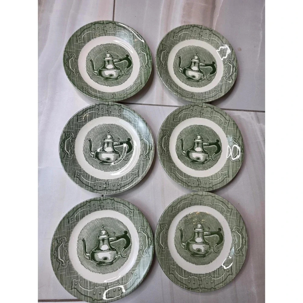 Vintage Green Transferware Teapot Bread and Butter Plates‎ Set of 6 6.25 Inch A2